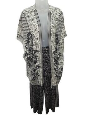 Max Studio Black & White Patterned Open-Front Kimono Pajamas Lounge Set